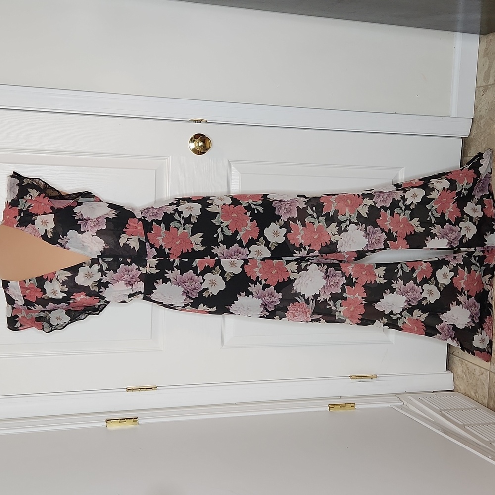We Are Kindred Floral Jumpsuit bohemian luxe sheer deep v-neck cut out wide leg